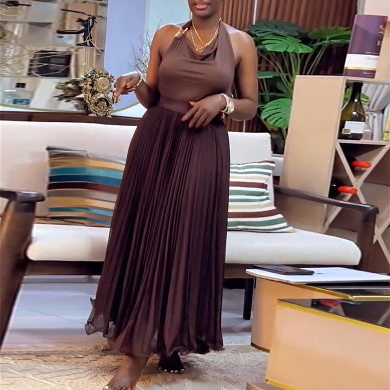 European and american cross-border women's fashion:  autumn new collection - elegant halter neck slim-fit tank top and pleated midi skirt set