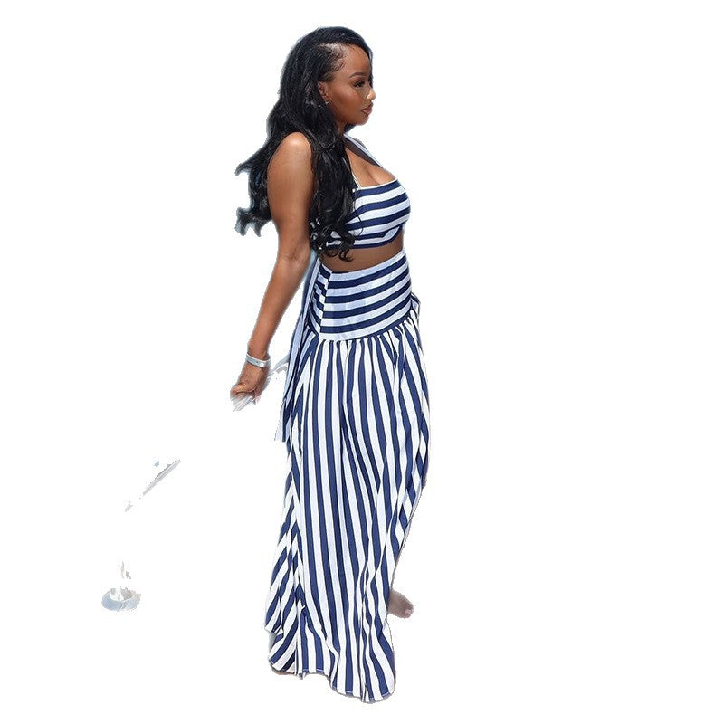 European and american style women's fall  sweet & fresh striped cami top and high-waisted slimming a-line midi skirt two-piece set