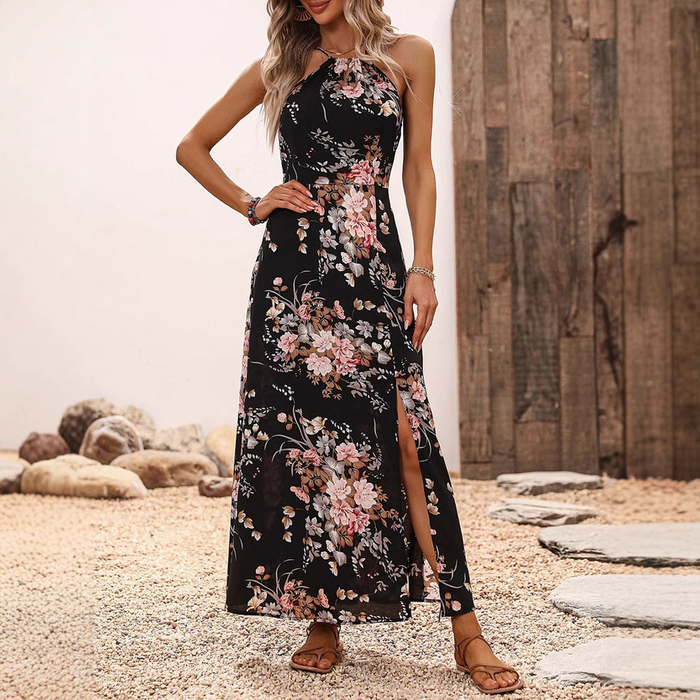 Amazon women's clothing japan summer new high-waisted printed dress vacation style slit halter maxi dress
