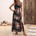 Amazon women's clothing japan summer new high-waisted printed dress vacation style slit halter maxi dress