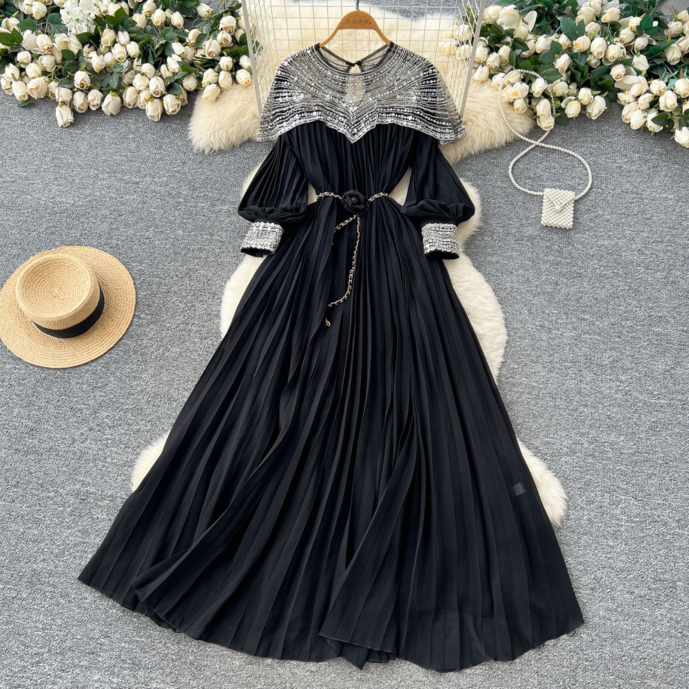 French-style heavy embroidery beaded sequin mesh patchwork lantern sleeve tie-waist pleated maxi dress - women's high-end long dress
