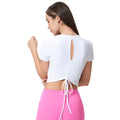 Women's yoga top - short sleeve, cutout back, drawstring, ruched, breathable, outdoor sports, fixed cup, fitness top d25061