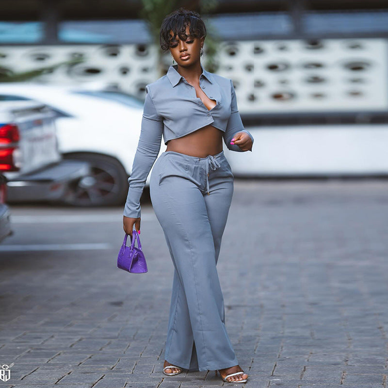 European and american style women's fall  new collection: sweet & fresh turn-down collar long sleeve cropped shirt and high-waisted straight-leg pants two-piece set