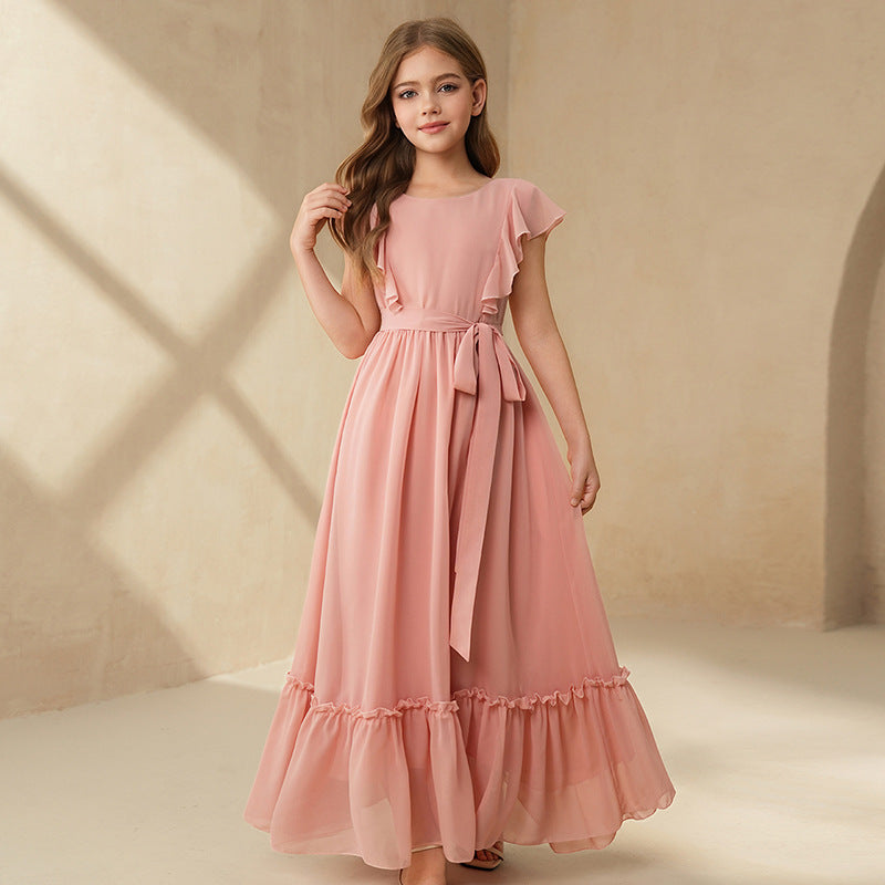 European and american cross-border teen girls' clothing  new arrival: elegant ruffle trim round neck cinched waist long french style dress