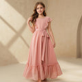 European and american cross-border teen girls' clothing  new arrival: elegant ruffle trim round neck cinched waist long french style dress