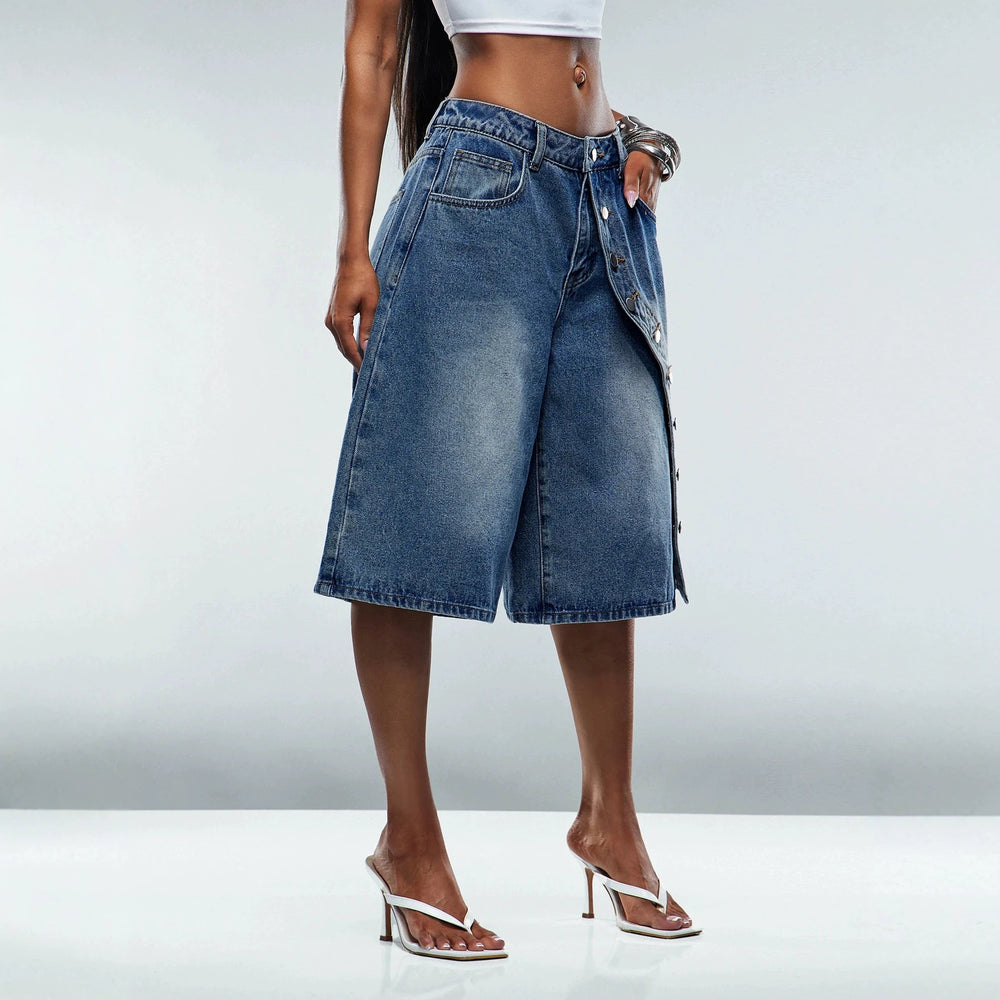 Fashion jeans women's diagonal button wide-leg cropped jeans cross-border hot girl washed pants foreign trade women's clothing