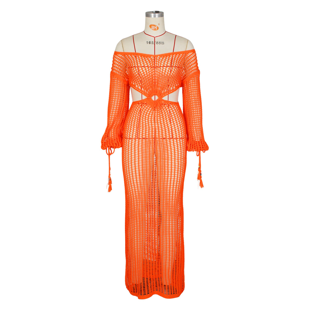 Amazon  european and american women's sexy hollow-out knitted dress summer deep v beach cover-up maxi dress