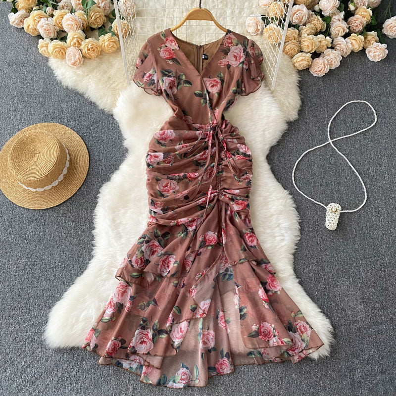 High and cold royal sister goddess style dress scheming pleated straps waist asymmetrical floral chiffon mermaid dress dress