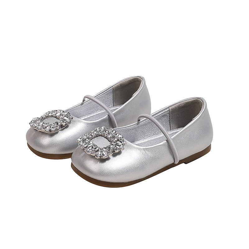 Girls' leather shoes - new spring collection: stylish square-toe ballet flats with rhinestone detail, slip-on design, and non-slip sole