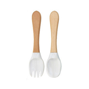 Factory direct sales silicone wooden handle complementary food fork and spoon  baby spoon baby training eating fork and spoon set wholesale