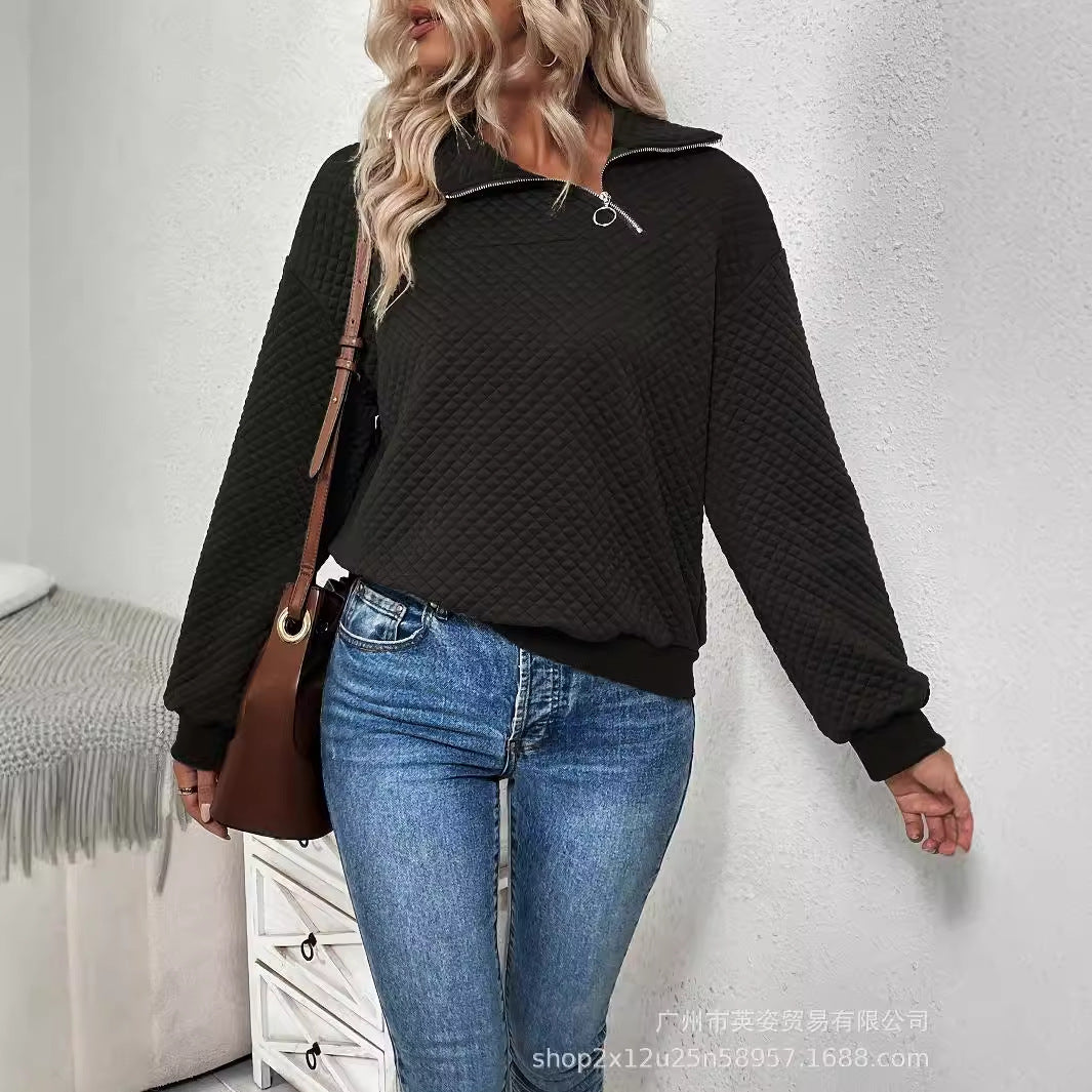 Cross-border European and American  casual zipper lapel sweater women's hoodless long-sleeved fashion pullover semi-zipper spring and autumn