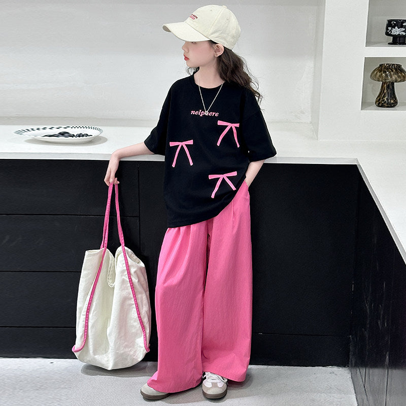 Summer kids' fashion bow t-shirt set: sweet & stylish short-sleeve top and loose-fit pants two-piece outfit for girls (sizes for mid-to-large children)