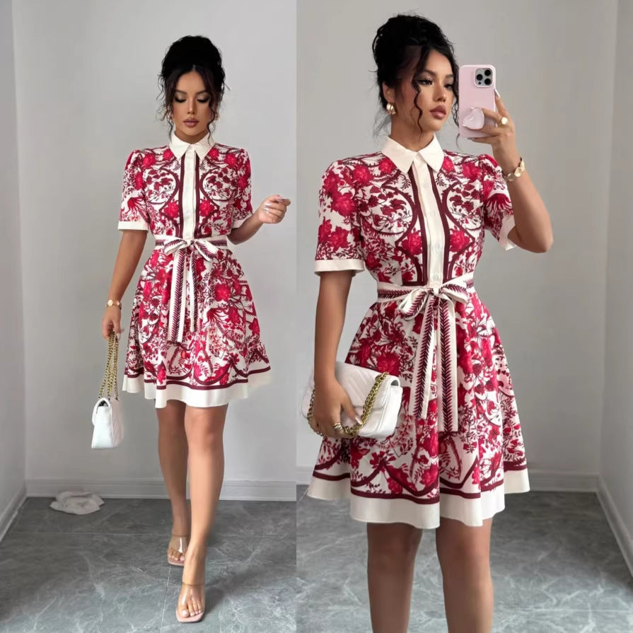 cross-border printed short-sleeve dress - women's tie-waist, single-breasted, mid-length shirt dress