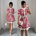 cross-border printed short-sleeve dress - women's tie-waist, single-breasted, mid-length shirt dress