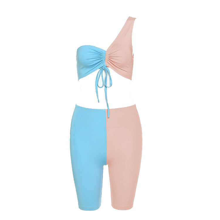 European and american cross-border women's fashion: new arrivals on  and  - sexy color block one-shoulder drawstring sporty two-piece set