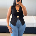 European and american women's clothing  autumn new sweet and fresh v-neck single-breasted waist-cinching slimming vest top