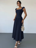 european and american summer new arrival: square neck, waist-defining, elegant maxi dress