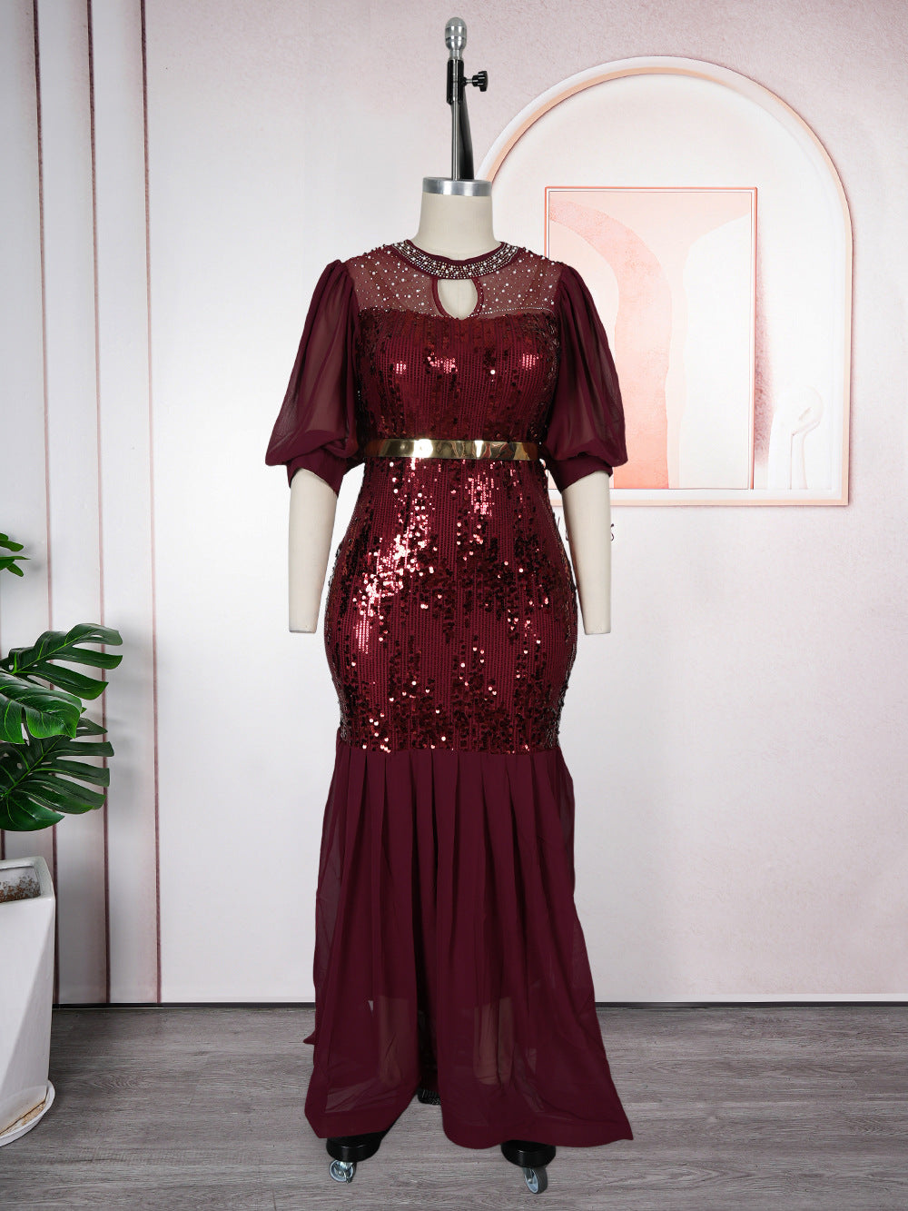 African cross-border supply  new women's plus size round neck rhinestone sequin evening party dress