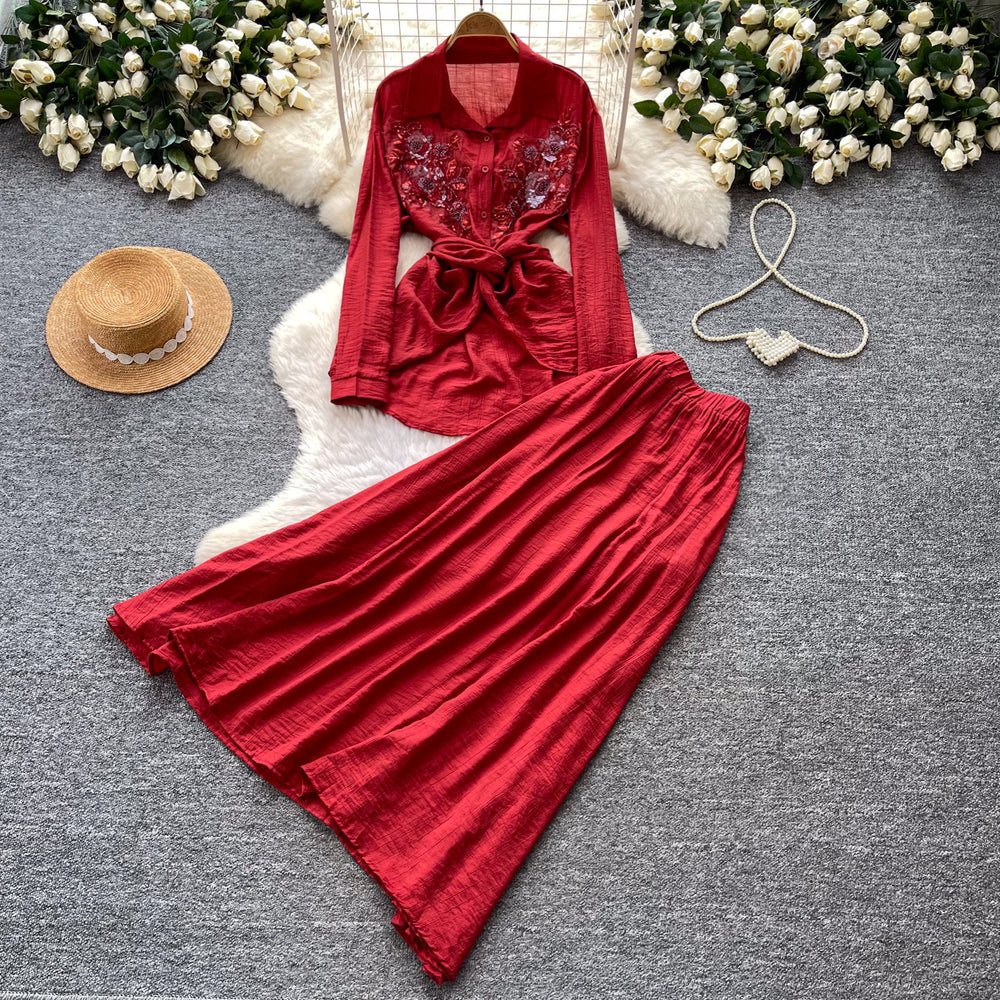 French chic embroidered cardigan & high-waisted midi skirt set - autumn sequin waist-cinching slimming two-piece - premium style