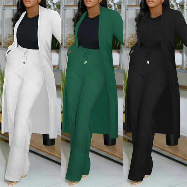 S10976 European and American long cardigan pit strip wide-leg pants two-piece set