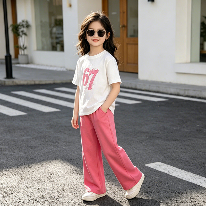 Girls'  summer new arrival: trendy two-piece set - fashionable activewear outfit for girls, featuring a short-sleeve top and casual pants
