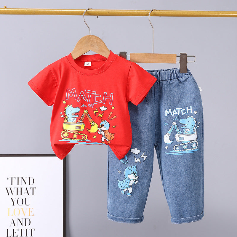 Summer  new arrivals: 0-5 year old kids' cartoon car & animal print crewneck short sleeve & denim pants two-piece cotton set