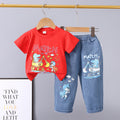 Summer  new arrivals: 0-5 year old kids' cartoon car & animal print crewneck short sleeve & denim pants two-piece cotton set