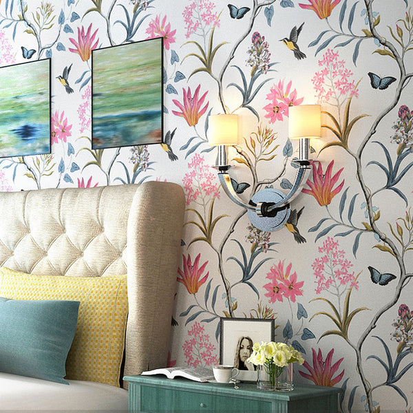 American retro white background colored flowers, birds, fish and insects large flower non-woven wallpaper living room bedroom room background wall wallpaper
