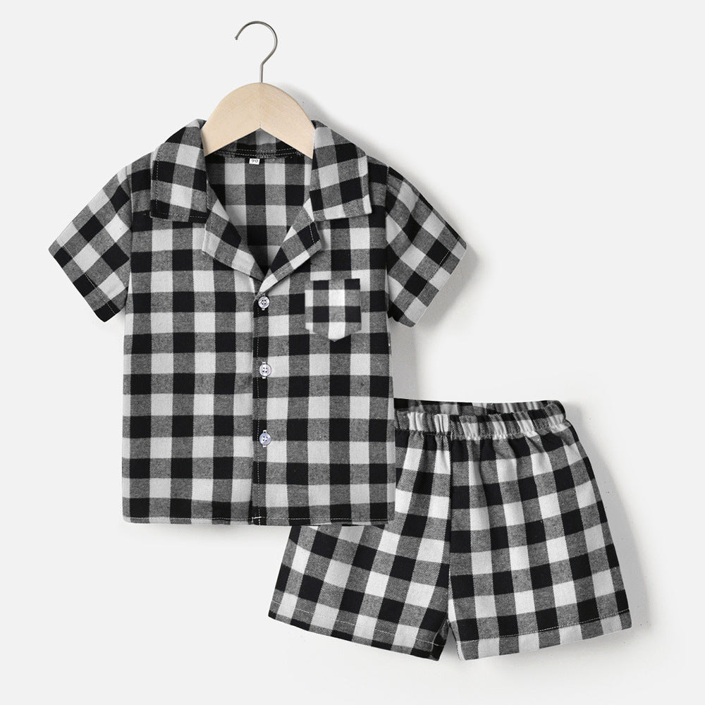 Boys' spring/autumn lightweight cotton short-sleeve cardigan plaid pajama set - kids' loungewear