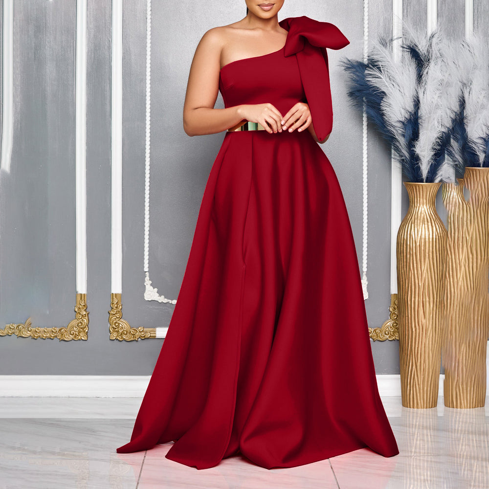 C8613exportfashion summer new arrivalelegantfashion oblique shoulder bow banquet dress long skirt african dress
