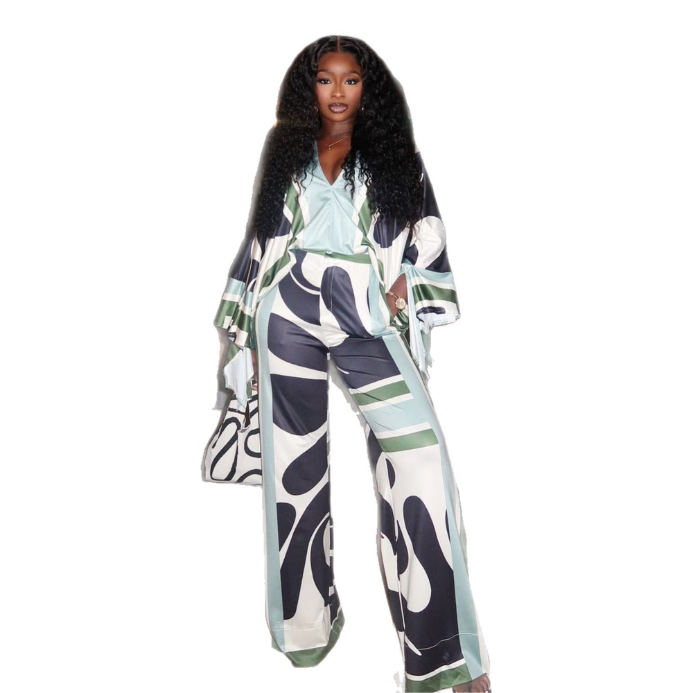 European and american cross-border women's fashion:  summer new collection - stylish v-neck loose-fit printed top and wide-leg pants casual set