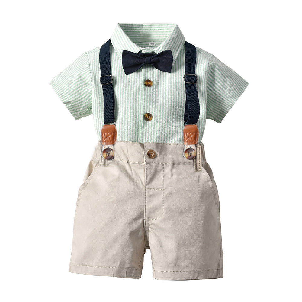 children's clothing set, korean style, boys' short-sleeved striped shirt, cotton overalls, performance outfit, gentleman's first birthday suit