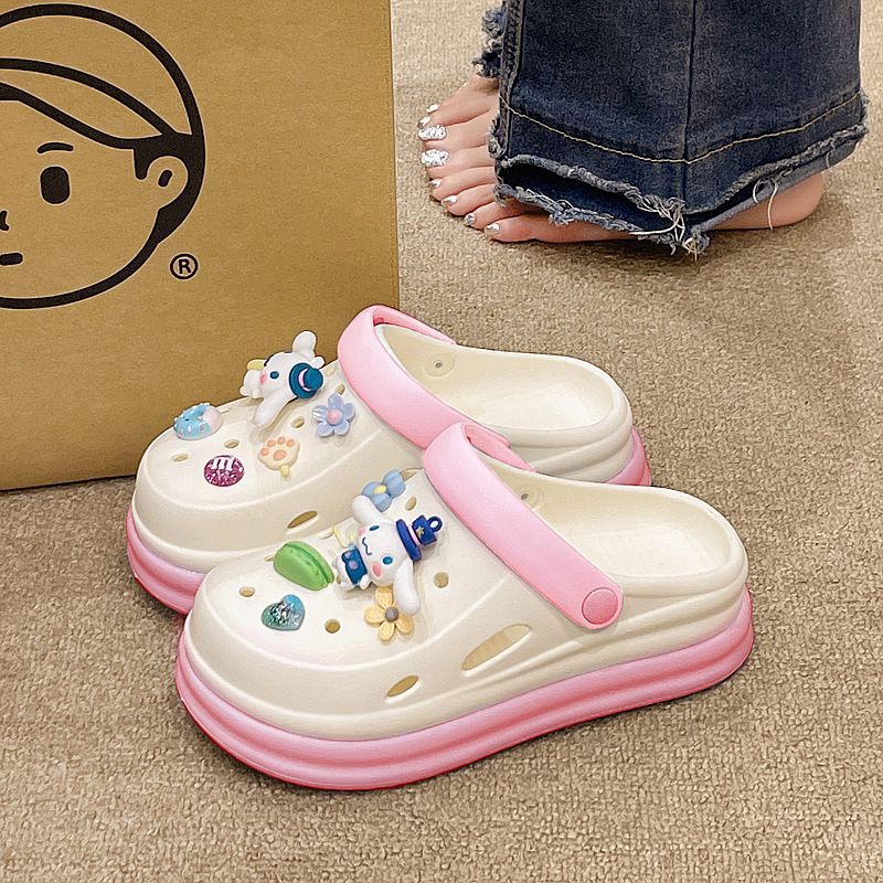 Cartoon cute crocs women's summer student indoor and outdoor wear shit-feeling thick soleheight-increasing non-slip toe cap sandals