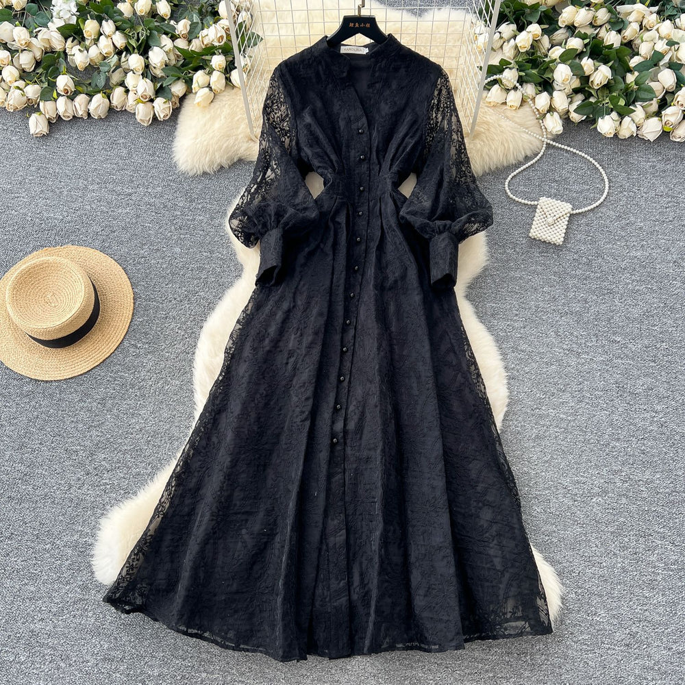French retroelegancedress women's 2025new arrivalclassy stand collar single breasted waist embroider mesh long skirt