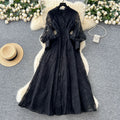 French retroelegancedress women's 2025new arrivalclassy stand collar single breasted waist embroider mesh long skirt