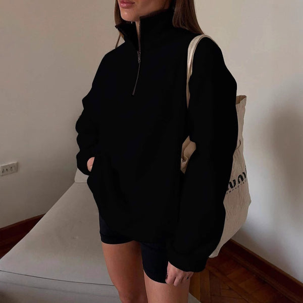 women's clothing atmosphere white simple top half zipper pullover long sleeve sweatshirt sweater