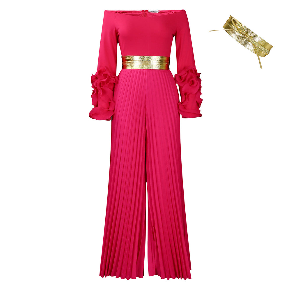 C8611   new fashion one-shoulder ruffle sleeve solid color pleated wide-leg african jumpsuit