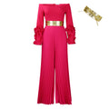 C8611   new fashion one-shoulder ruffle sleeve solid color pleated wide-leg african jumpsuit