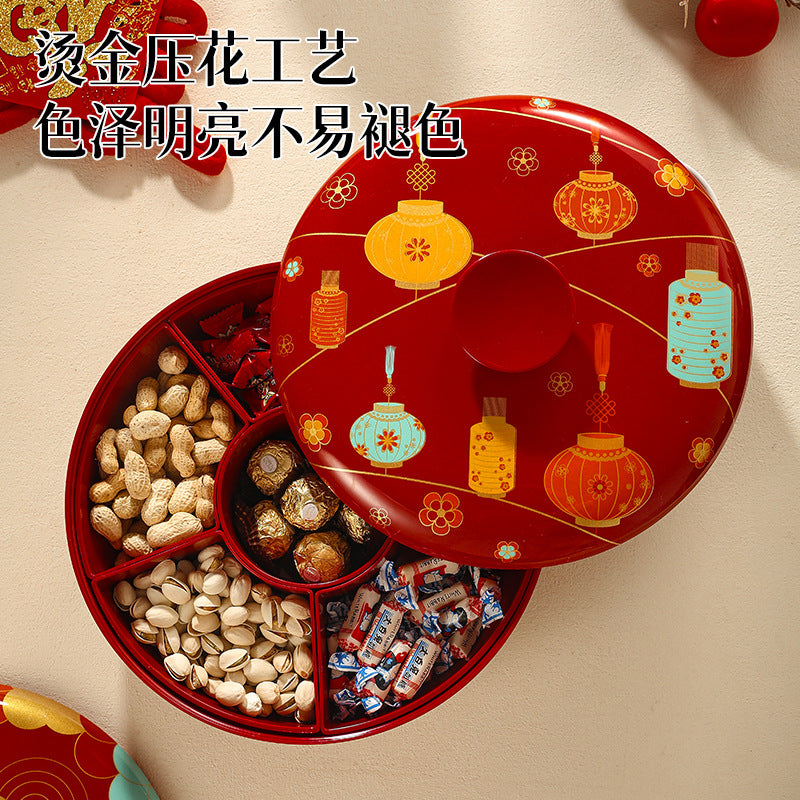 Chinese-style red rotating dried fruit box, household high-end housewarming, Chinese New Year grid fruit plate, living room snacks, melon seeds display plate