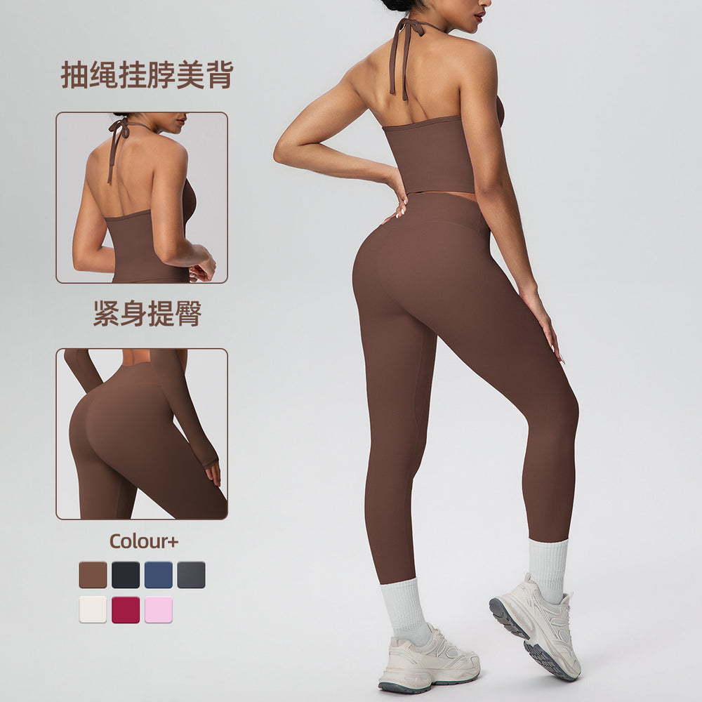 New arrival cross-border brushed beautiful back tight strap halter high waist yoga suit sports running fitness two-piece set