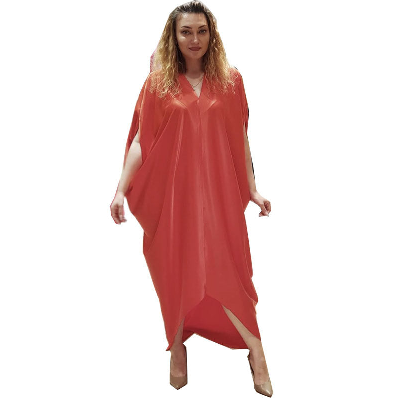 Glossy silky satinloosev neck bat sleeve mid-sleeve plaidfashion long skirt dress cross-border supply