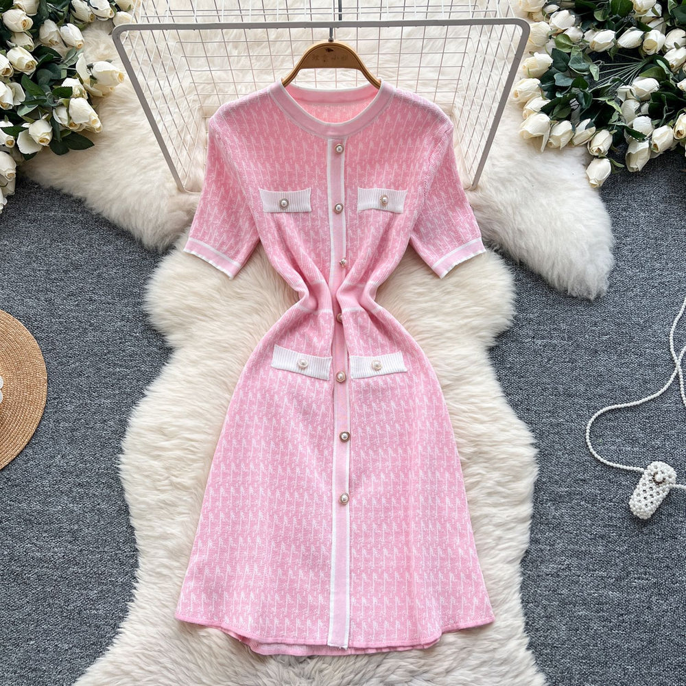 Xiaoxiangfengclassy waist pearl breasted silm short-sleeved knittingdress female frenchslimming looksweater skirt