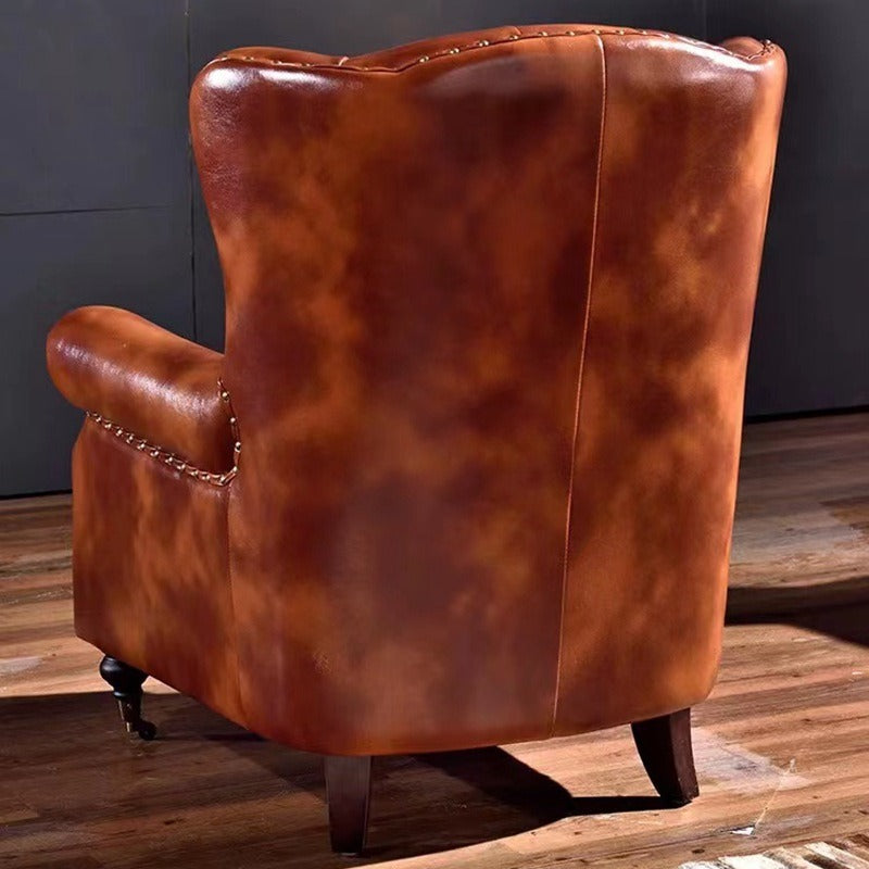Vintage distressed american oil wax leather brown single armchair sofa high back button tufted hotel reception living room tiger chair