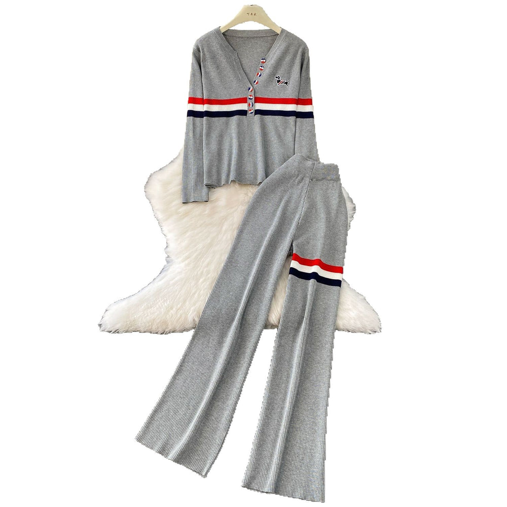 Fashionable grey suit set for women - summer design, single-breasted, slimming knit long sleeve top with striped embroidered wide-leg pants