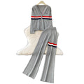 Fashionable grey suit set for women - summer design, single-breasted, slimming knit long sleeve top with striped embroidered wide-leg pants
