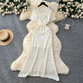 Gentle wind elegant round neck short-sleeved cut out crochet knittingdress women's summerfrench waist-reducing age-reducing sweater skirt