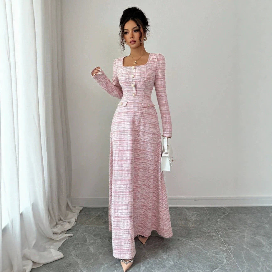 european and american new arrival: pink and white gingham long dress - chanel-inspired style with square neck, long sleeves, pearl button detail, cinched waist, and flared hem