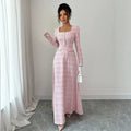 european and american new arrival: pink and white gingham long dress - chanel-inspired style with square neck, long sleeves, pearl button detail, cinched waist, and flared hem