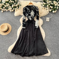 High-end elegant women's dress - 2025 autumn french style mesh print long sleeve patchwork tie-waist maxi dress