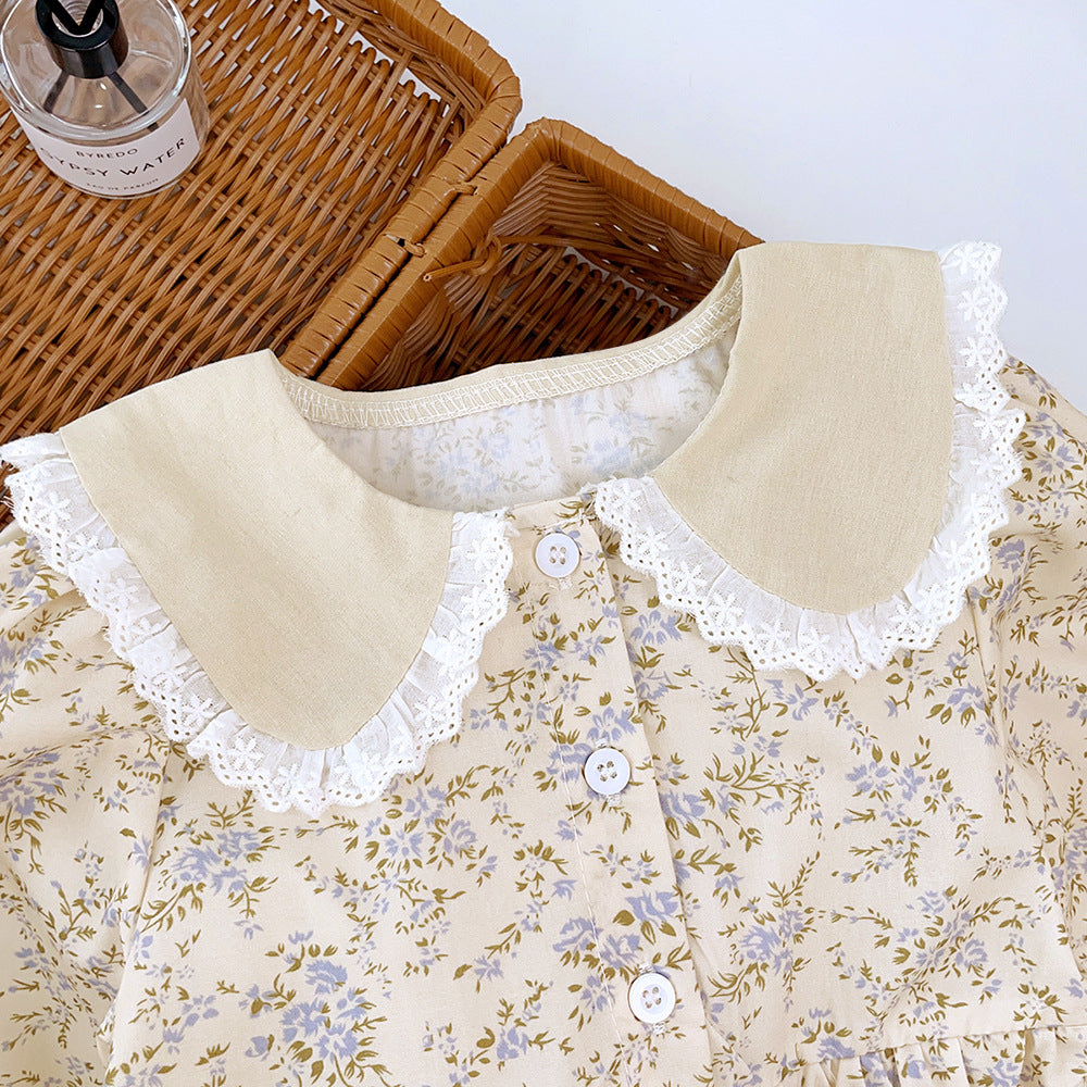 Kids' spring/autumn dress: new cross-border style for girls - chic lace collar, floral print, long sleeve dress, korean style skirt